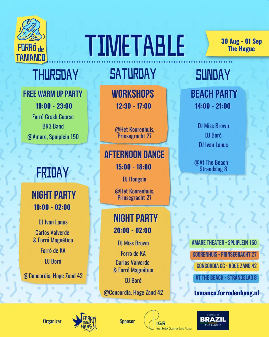 Timetable overview for Tamanco event. Parties on Friday, Workshops and parties on Saturday. Party at the beach on Sunday.